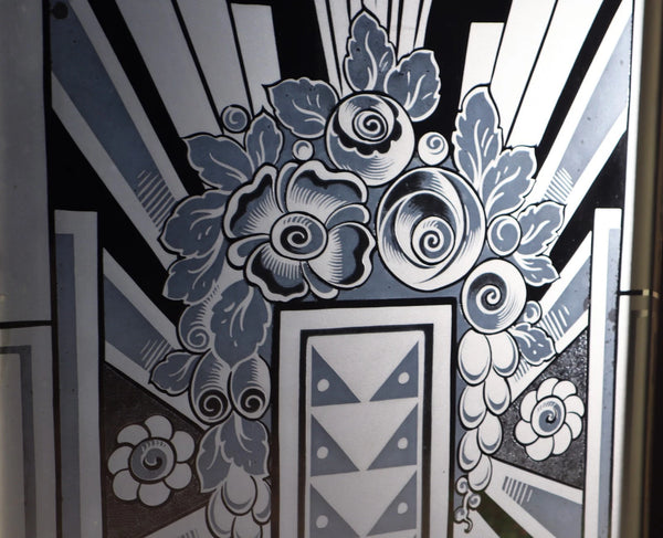 Pair of French Art Deco Etched Glass Doors Frosted Glass with Pine Frames