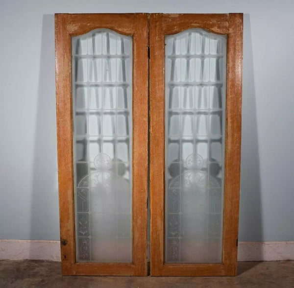 75" Tall Pair of Antique French Etched Glass Windows Frosted Glass Salvage