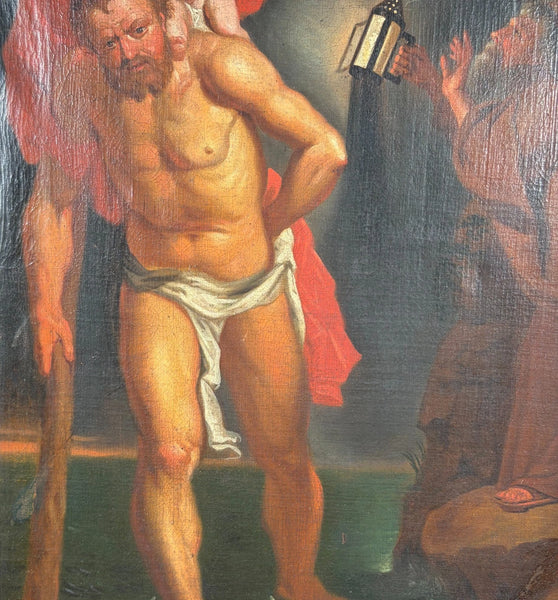 Antique Oil Painting St Christopher After Peter Paul Ruben's Triptych by Hauph