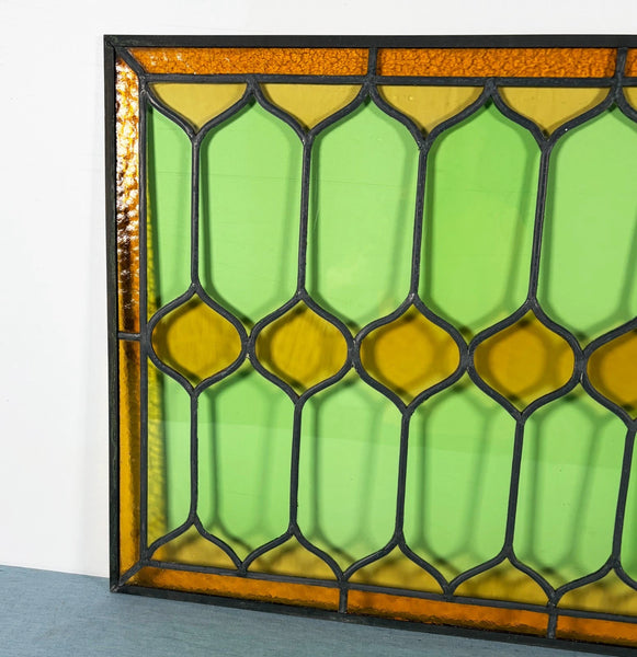 45" Wide French Antique Stained Glass Window Panel with Green & Yellow Glass