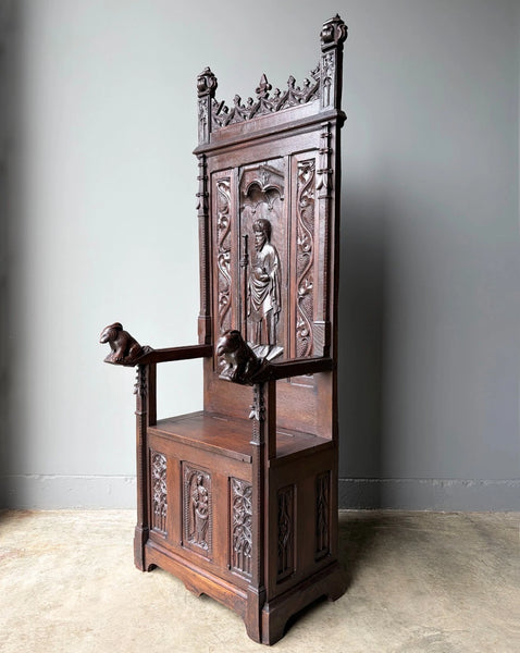 Late 1700's Antique French Gothic Throne Chair Bench/Settee/Chair Carved Oak