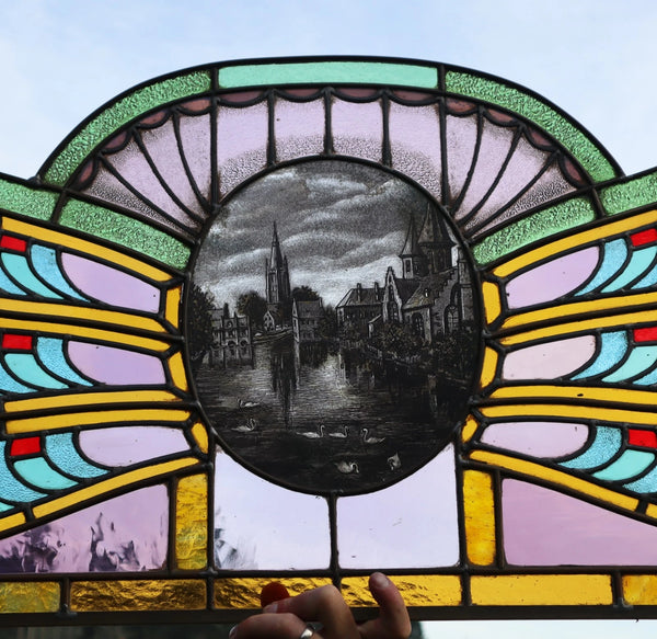 36" Wide Antique French Art Deco Stained Glass Panel of Bruges w/Copper Frame