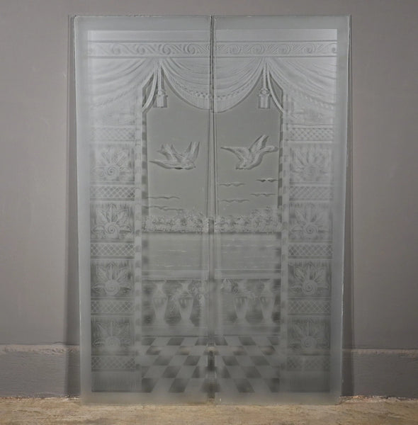 48" Tall Pair of Antique French Etched Glass Windows Frosted Glass with Birds