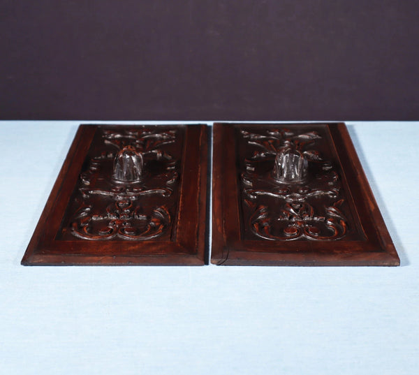Pair of Antique French Solid Walnut Wood Highly Carved Panels with Faces