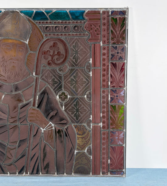 38" Wide Antique Stained/Leaded Glass Panel of Saint Highly Detailed