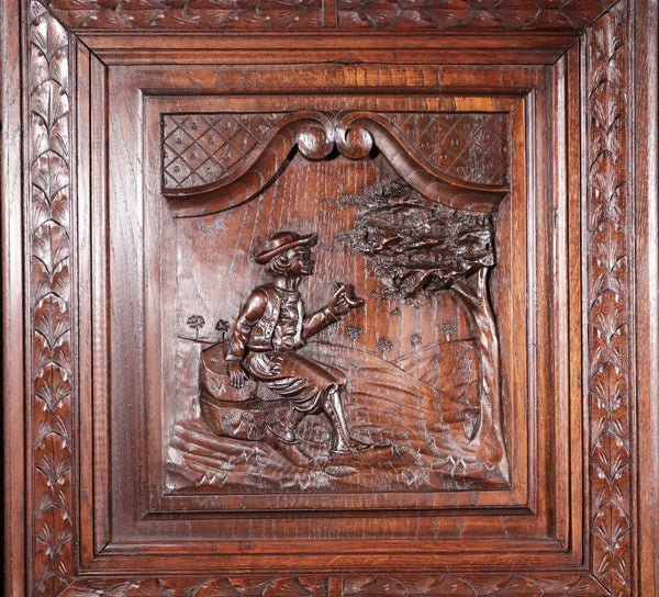 91" Tall French Antique Breton Armoire/Cabinet in Solid Chestnut Highly Carved