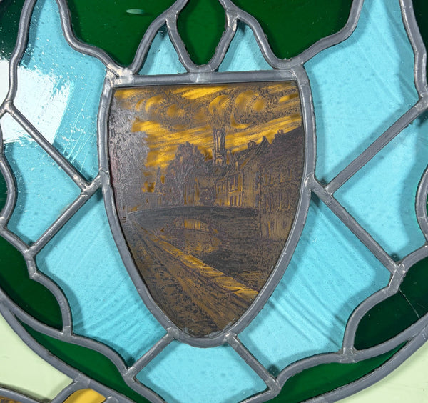 31" Tall Vintage Belgian/Flanders Stained/Leaded Glass Panel of Bruges Belgium