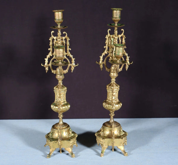 19" Tall Pair of Antique French Gilded Bronze Candelabra Candlesticks