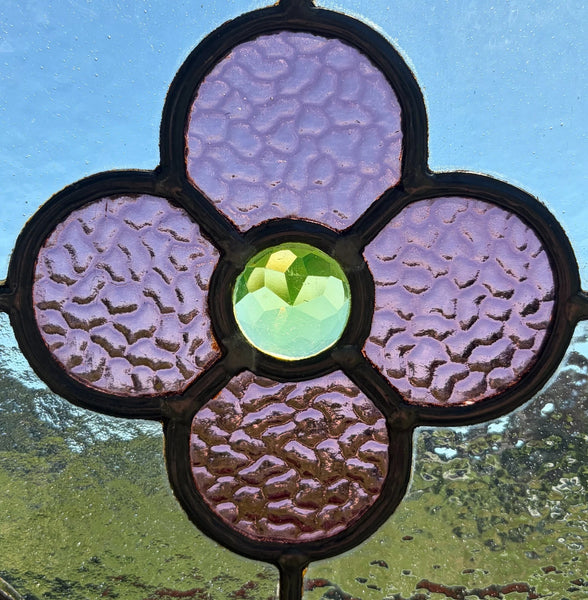 38" Tall Antique French Stained/Leaded Glass Panel w/Griffin and Uranium Glass