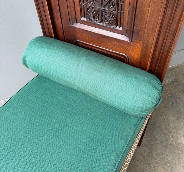 74" Long French Antique Neo Gothic Day Bed Solid Walnut with Green Silk Cushions