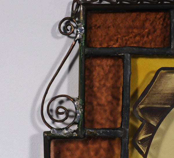 13" Tall Antique French Stained/Leaded Glass Panel w/ Portrait Rembert Dodoens