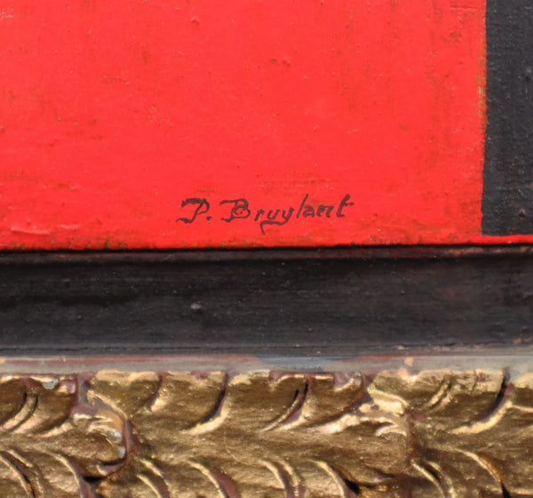 Vintage Framed Oil on Panel Painting of St Francis with Cat by Paul Bruylant