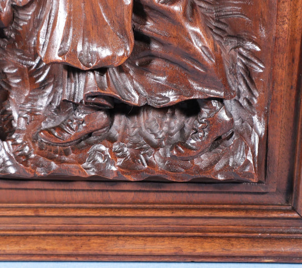 Antique French Solid Walnut Wood Highly Carved Panel w/Woman Feeding Chickens