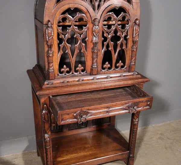 70" Tall Antique French Gothic Revival Oak Wood Cabinet/Liquor/Wine/Bar Cabinet