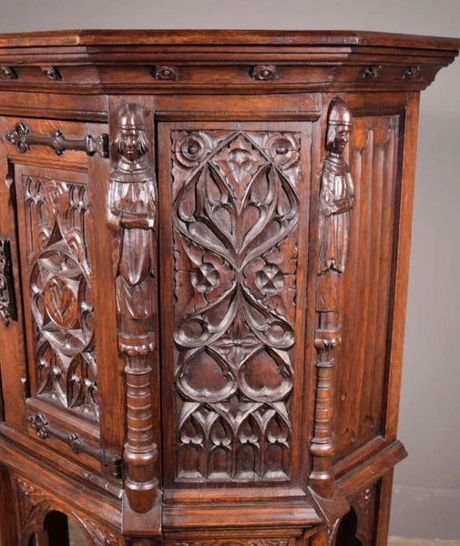 Vintage French Gothic Revival Cabinet/ Console/ Sideboard, Highly Carved Oak Wood