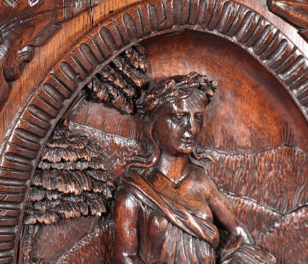 24" Tall Antique French Solid Oak Panel Highly Carved Harvest Theme w/Woman