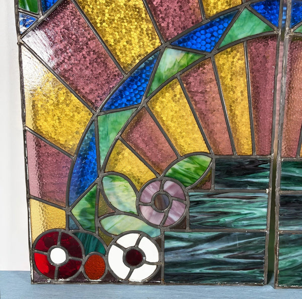 43" Tall Pair of Antique French Art Deco Stained Glass Window Panels