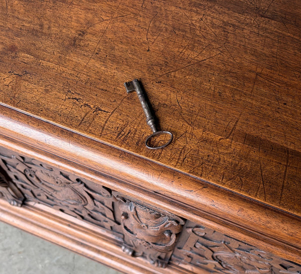 Antique French Renaissance Chest/Trunk/Sideboard Solid Walnut Detailed Carvings