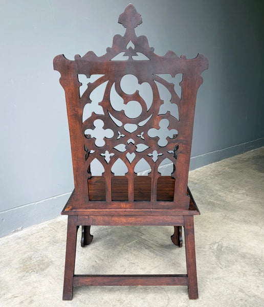 French Antique Gothic Revival Walnut Arm Chair Carved Wood Desk Chair