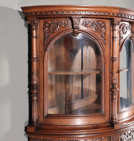 65" Tall Antique French Solid Oak Wood Renaissance Curved Display Case/Cabinet