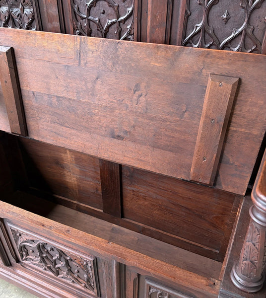 72" Tall Antique French Gothic Revival Oak Wood Bench/Settee/Chair Highly Carved