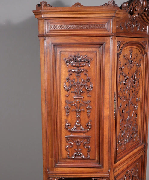 71" Tall Antique French Solid Walnut Wood Highly Carved Renaissance Cabinet