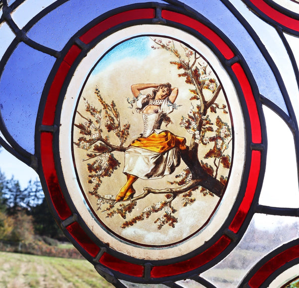 38" Tall Large Antique French Art Nouveau Stained/Leaded Glass Panel 4 Seasons