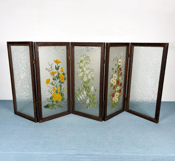 21" Tall Antique French Hand Painted Folding Glass Screen with Flowers