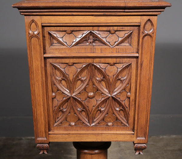 Vintage French Gothic Revival Stand, Cabinet, End Table Highly Carved Oak Wood