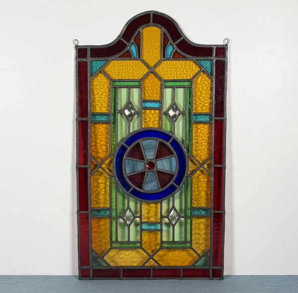 27" Tall French Antique Religious Stained/Leaded Glass Panel from a Church