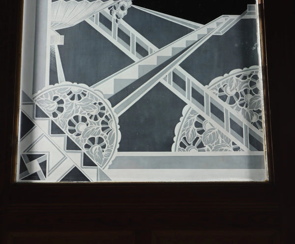 Pair of Antique French Art Deco Etched Glass Doors Frosted Glass w/Pine Frames