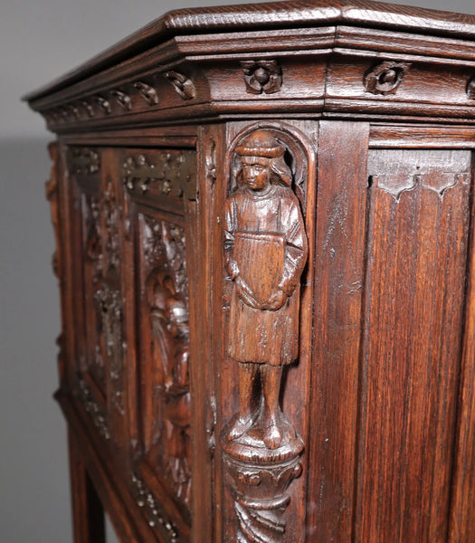 Antique French Gothic Revival Cabinet Highly Carved in Oak Wood w/Figures