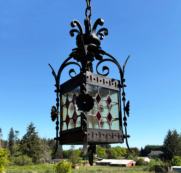 27" French Antique Gothic Iron & Stained Glass Hanging Chandelier/Pendant Lamp