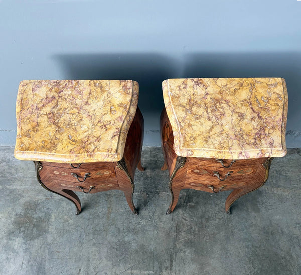 Pair of 30" Tall Antique French Louis XV Inlayed Nightstands with Marble Tops