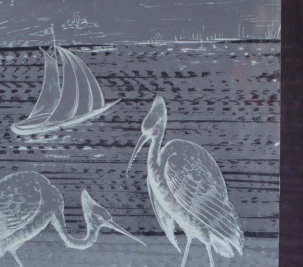 25" Tall Antique French Etched Glass Window Frosted Glass with Herons/Birds