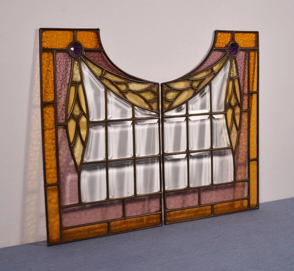 Pair of Vintage French Art Deco Stained Glass Panels with Copper Frames