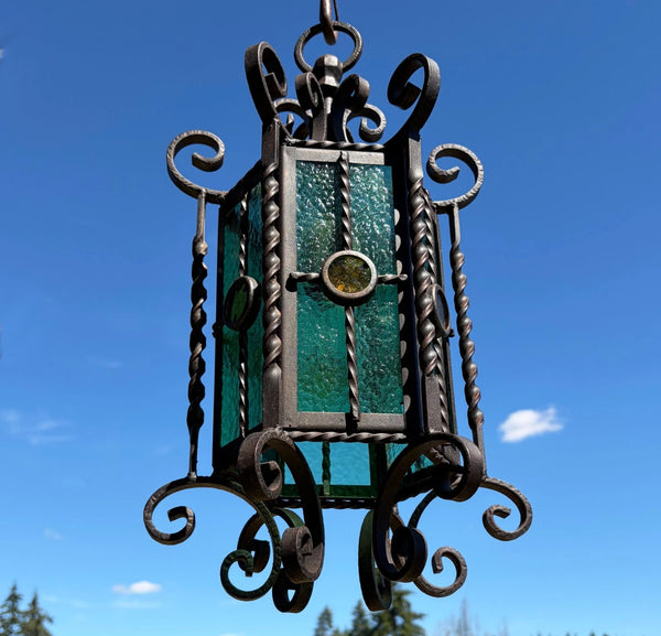 20" Tall Vintage French Iron and Stained Glass Hanging Chandelier/Pendant Lamp