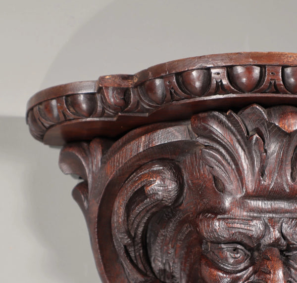 Pair of Large French Antique Lion Wall Sconces/Shelves in Solid Oak and Chestnut