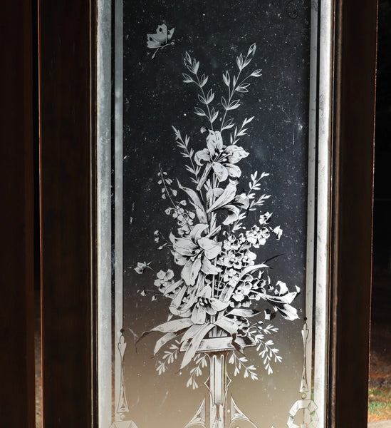 88" Tall Pair of Antique French Etched Glass Windows Frosted Glass with Flowers