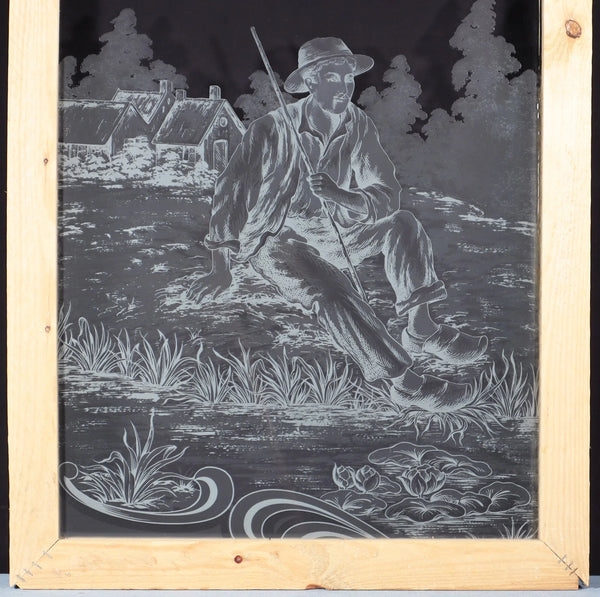 37" Tall Antique French Etched Glass Window with Rural Scene Man by the Water