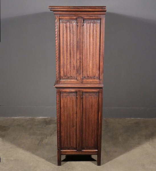 63" Tall Antique French Gothic Revival Cabinet Highly Carved in Solid Oak Wood