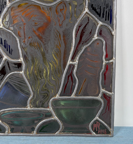 13" Tall Vintage Belgian Stained/Leaded Glass Panel Of an Alchemist by AR 1956