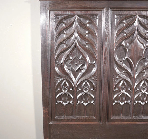 Antique French Neo Gothic Queen Sized Headboard in Solid Chestnut Wood