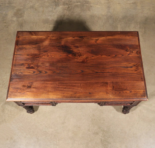 French Antique Gothic Revival Desk with Chair in Solid Carved Chestnut Wood