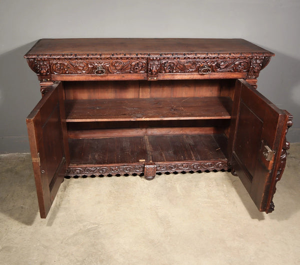 1700's Antique French Renaissance Sideboard in Solid Wood Oak Highly Carved