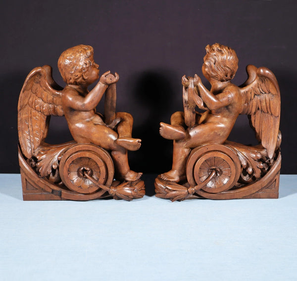 13" Tall Pair of French Antique Solid Walnut Wood Highly Carved Cherubs