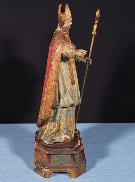12" Antique Carved/Painted Pine Wood Statue/Sculpture St. Nicholas Late 1800's