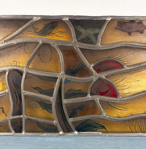 Vintage Dutch Stained/Leaded Glass Panel by Lea Steppe Sea Life Themed