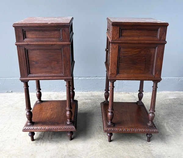 Pair of 34" Tall Antique French Breton Nightstands with Marble Tops in Chestnut