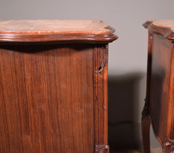 Pair of Antique French Louis XV Nightstands in Walnut with Marble Tops
